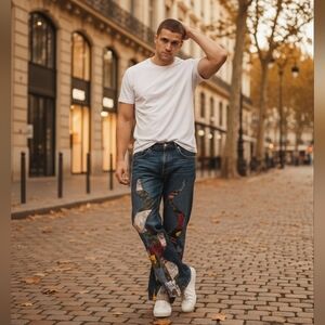 Men's Relaxed Fit Jeans with Multicolor Patchwork